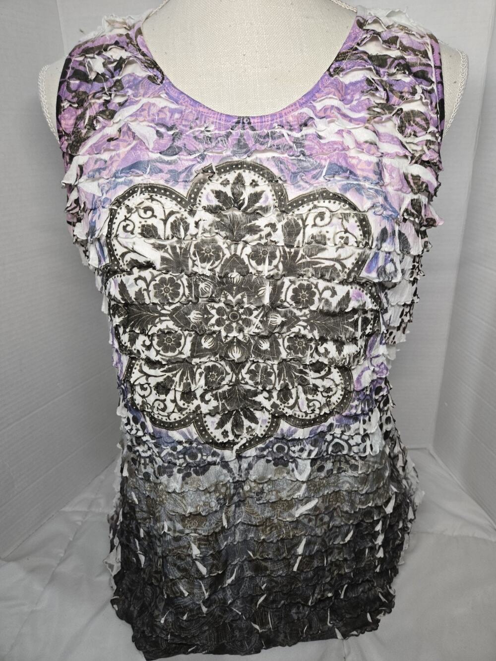 Janeric Sz M Layered Ruffle Crinkle Tank Top Bohemiam Mandala Purple USA Y2K